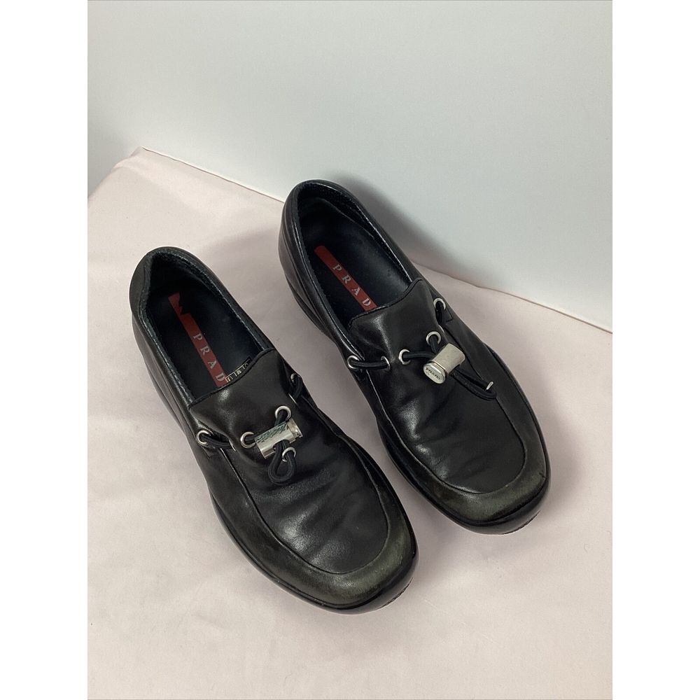 Rare 1990s PRADA 0135 Calzature Donna Black Leather Napa In Pelle Sport Shoes 36